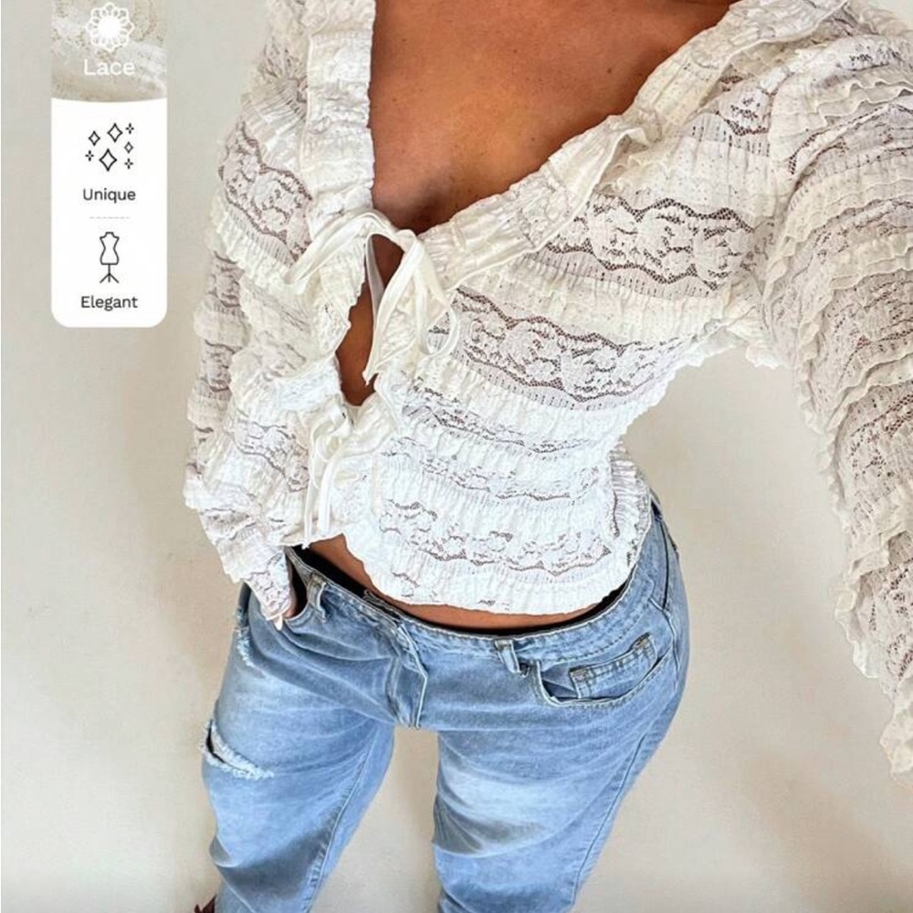 SHEIN White Lace Ruffle Blouse